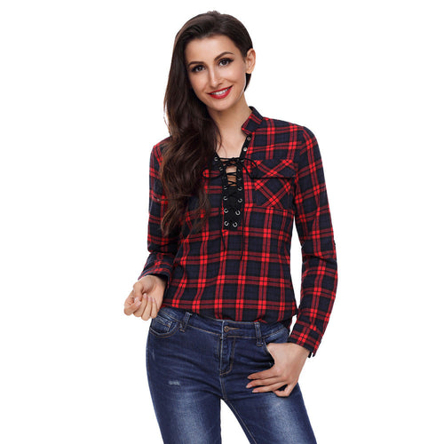 V Neck Lace-up Plaid Long Sleeve Shirt - Superior Urban